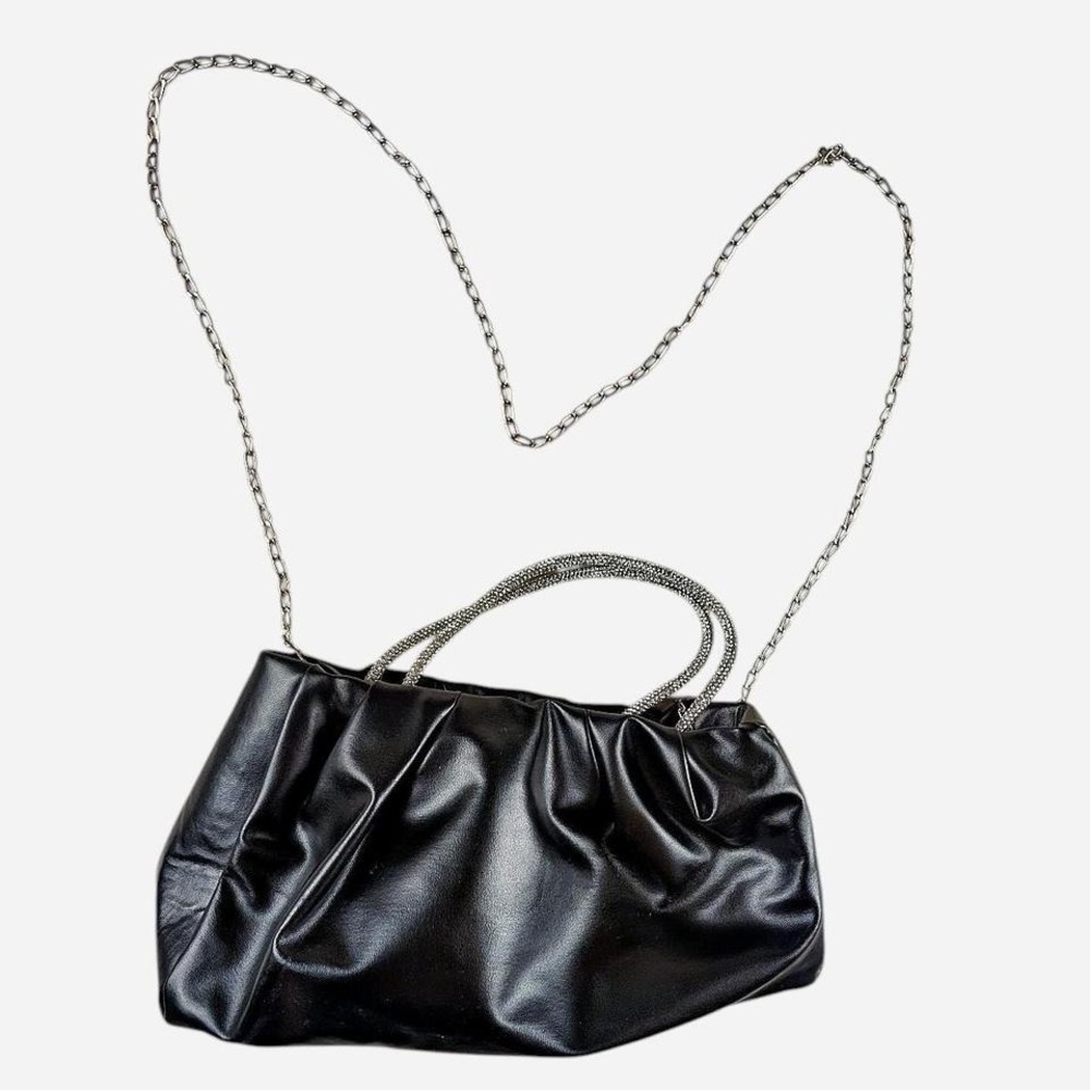 Black Faux Leather Handbag Silver Chain Strap‎ Rhinestone Handles Glamour Party